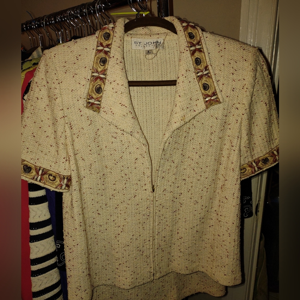 St. John Collection Beige Jacket & Skirt Suit with Patterned Embellished Collar